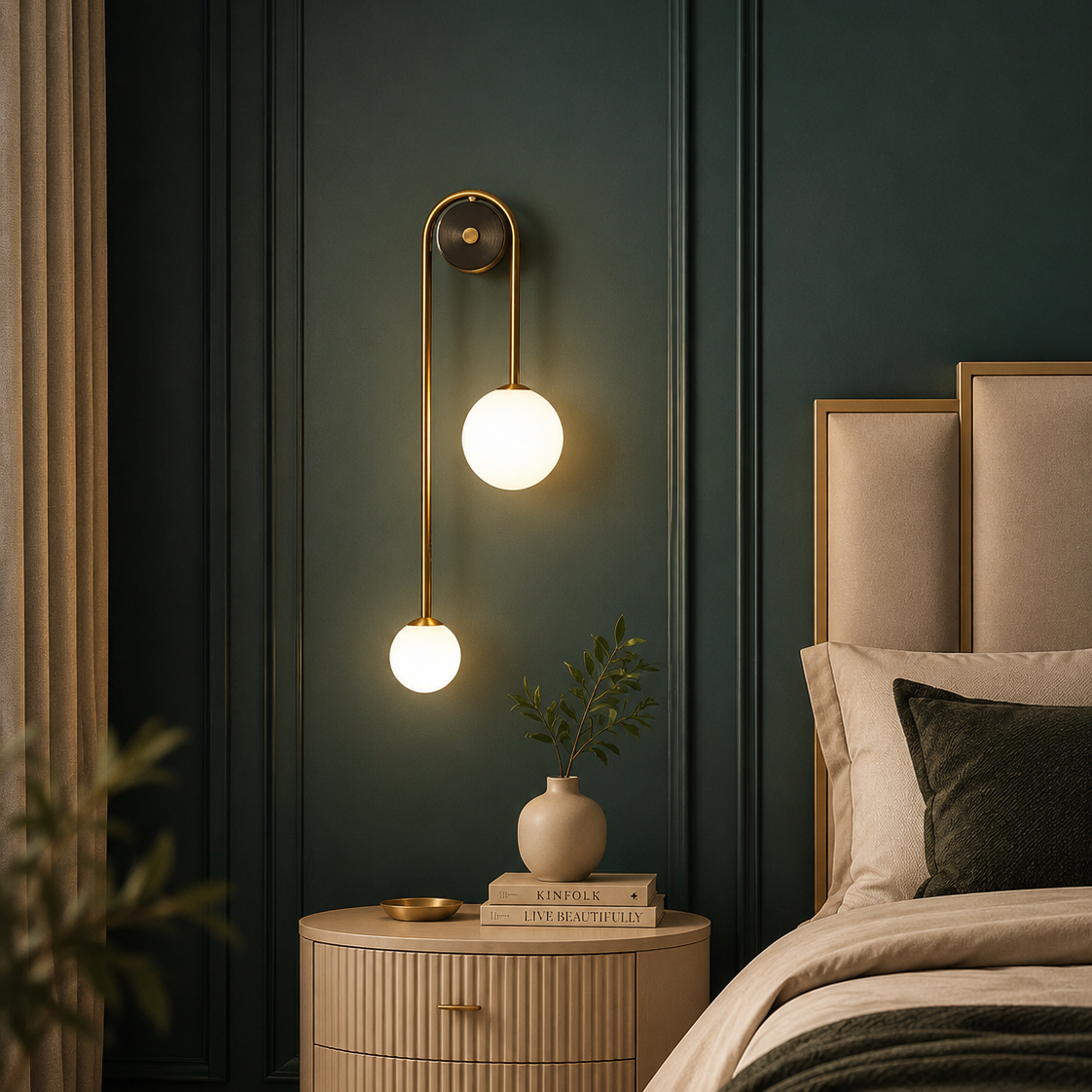 A modern wall-mounted sconce with two glowing white globe bulbs and a brushed gold finish, mounted on a dark teal paneled wall in a styled bedroom next to a bed and nightstand.