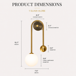 Product dimensions diagram for a wall-mounted globe pendant light with a gold-toned curved frame and a large white glass globe shade, showing labeled measurements for height, width, and diameter on a light beige background.