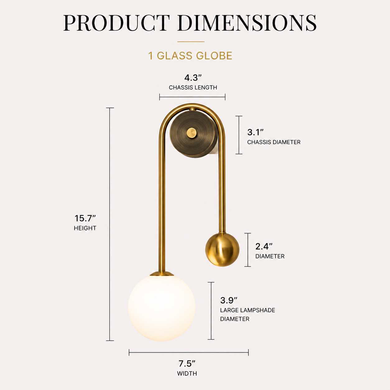Product dimensions diagram for a wall-mounted globe pendant light with a gold-toned curved frame and a large white glass globe shade, showing labeled measurements for height, width, and diameter on a light beige background.