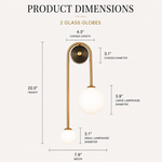 Product dimensions diagram for a modern wall sconce with two glass globes, showing measurements for height, width, lampshade diameter, and chassis diameter on a light beige background.