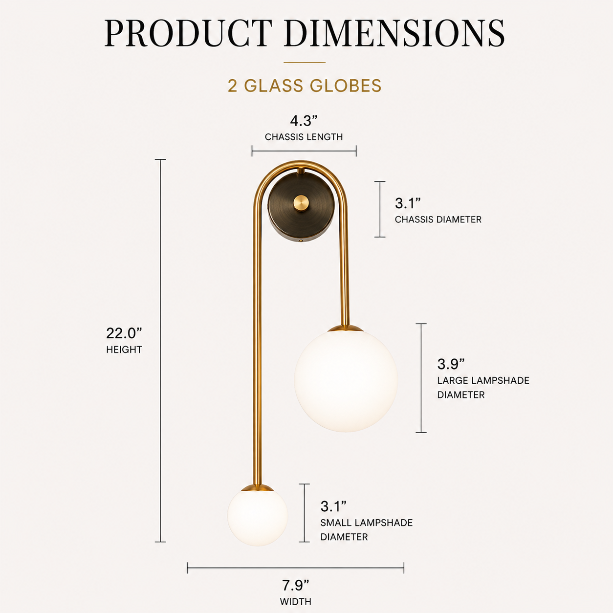 Product dimensions diagram for a modern wall sconce with two glass globes, showing measurements for height, width, lampshade diameter, and chassis diameter on a light beige background.