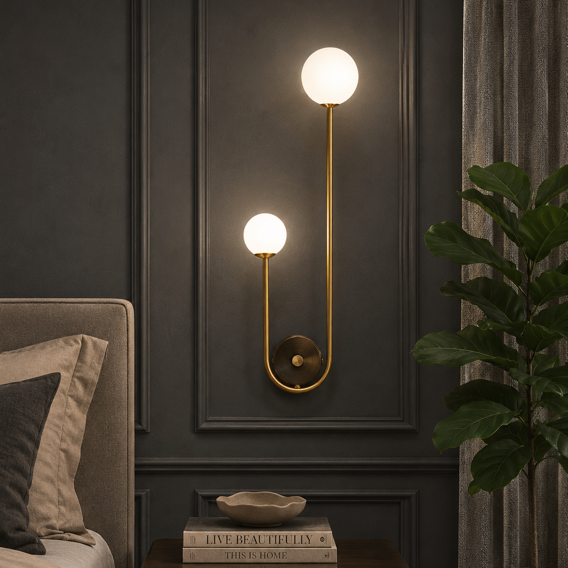 A modern wall-mounted sconce with two glowing white globe bulbs on curved gold metal arms, installed on a dark gray paneled bedroom wall above a wooden nightstand.