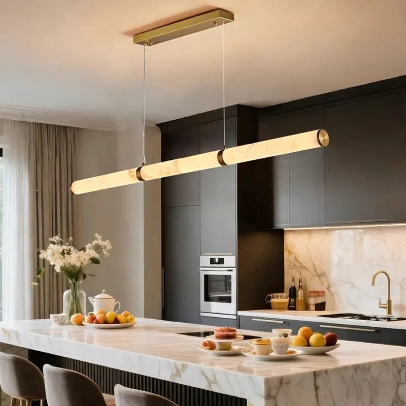 Long Cylinder Alabaster Stone Pendant Lamp LED Imitation Marble Lights for Living Room Dining Room Villa Bar Counter Island Lamp